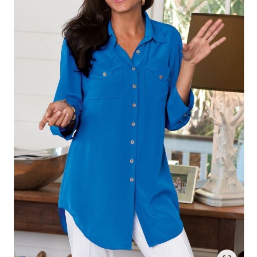 Soft Surroundings Blue 100% Silk 3/4 Sleeve Button Down Tunic Shirt M